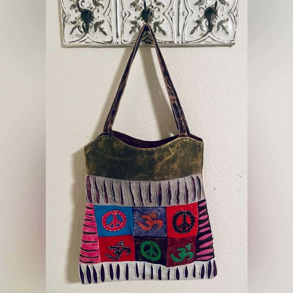 Boho Handmade Patchwork Fringe Tote Shoulder Bag Peace Om Hippie Hobo Purse Sack
